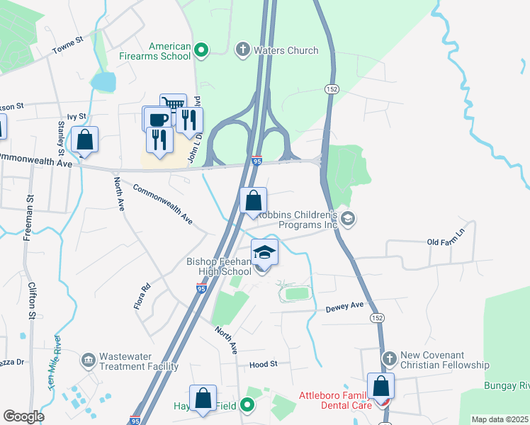 map of restaurants, bars, coffee shops, grocery stores, and more near 9 Quincy Way in Attleboro