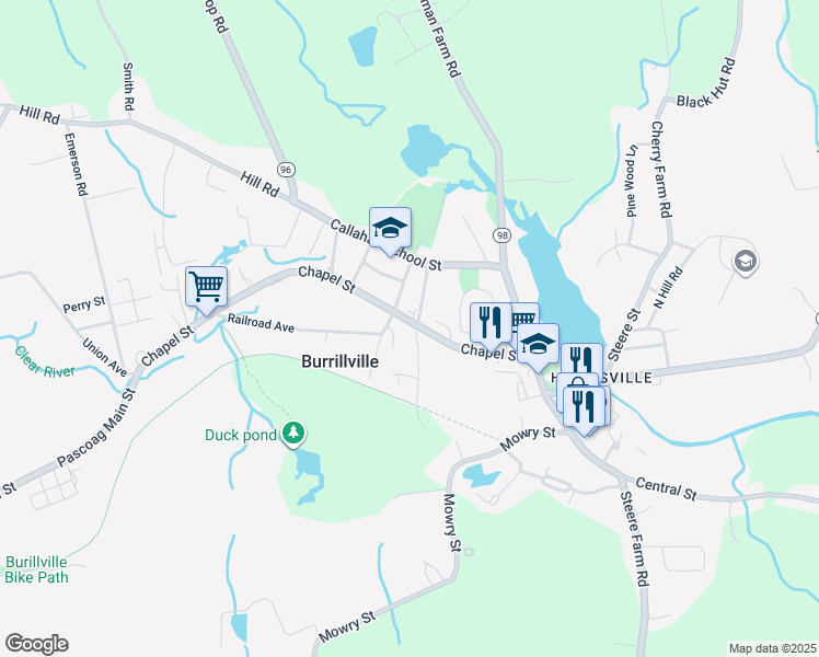 map of restaurants, bars, coffee shops, grocery stores, and more near 353 Chapel Street in Burrillville