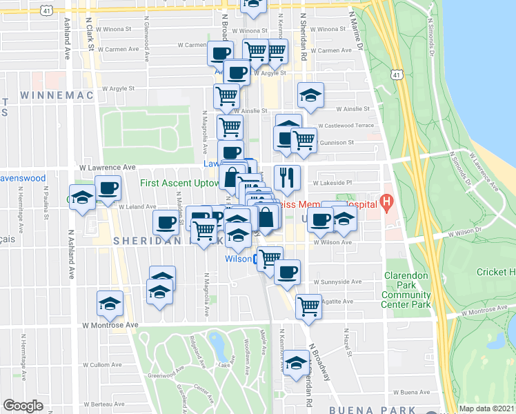 map of restaurants, bars, coffee shops, grocery stores, and more near 4660 North Clifton Avenue in Chicago