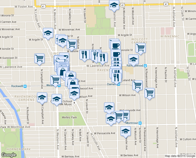 map of restaurants, bars, coffee shops, grocery stores, and more near 2146 West Leland Avenue in Chicago