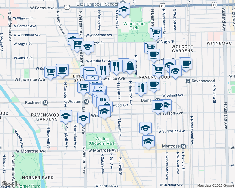 map of restaurants, bars, coffee shops, grocery stores, and more near 4704 North Leavitt Street in Chicago
