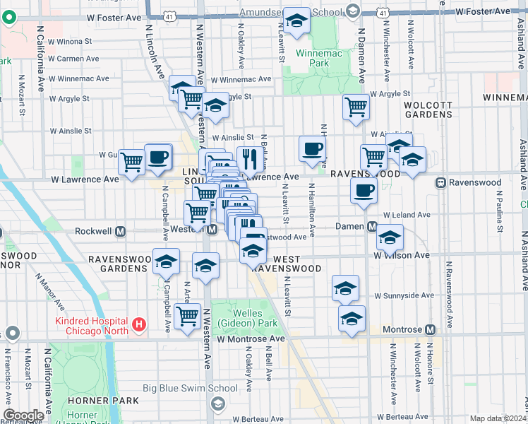 map of restaurants, bars, coffee shops, grocery stores, and more near 2236 West Leland Avenue in Chicago