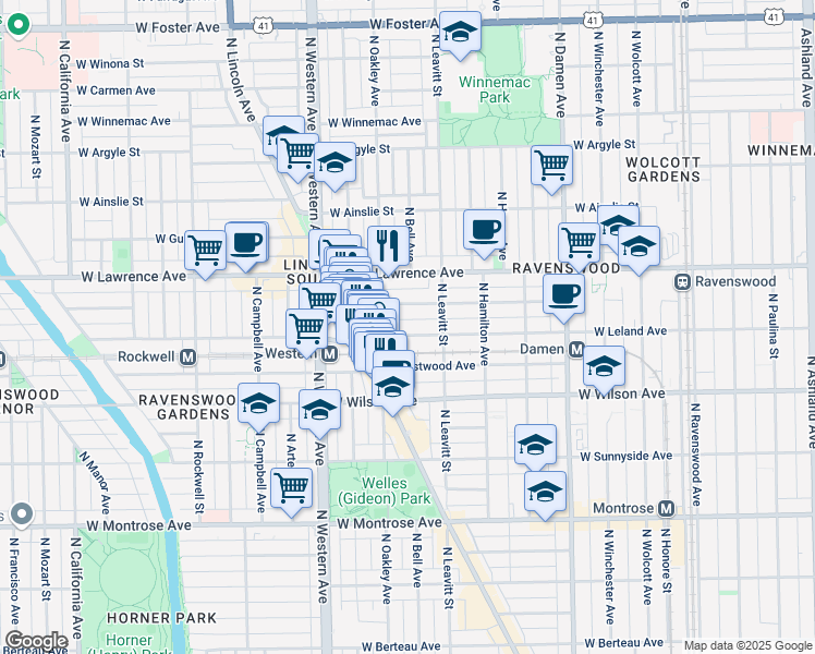 map of restaurants, bars, coffee shops, grocery stores, and more near 2236 West Leland Avenue in Chicago