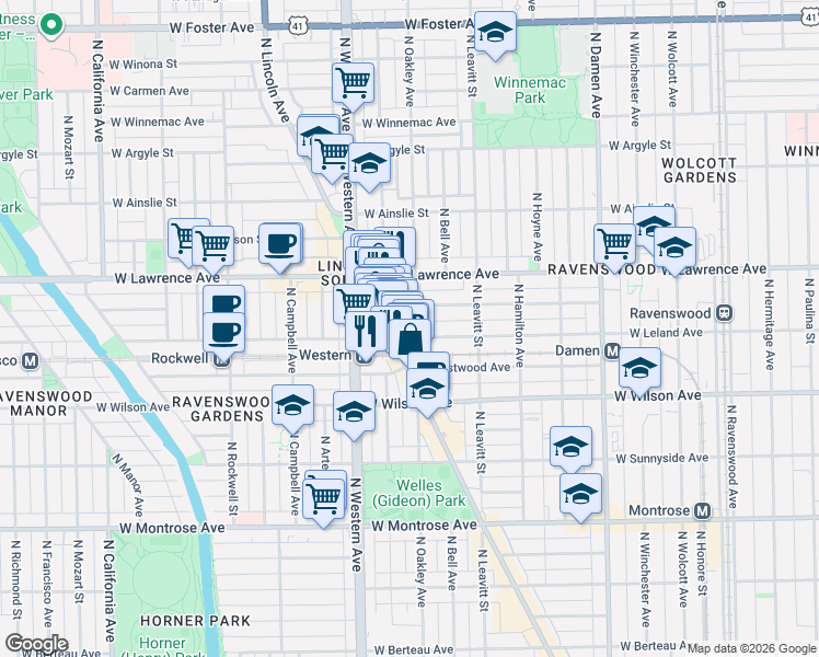 map of restaurants, bars, coffee shops, grocery stores, and more near 2272 West Leland Avenue in Chicago