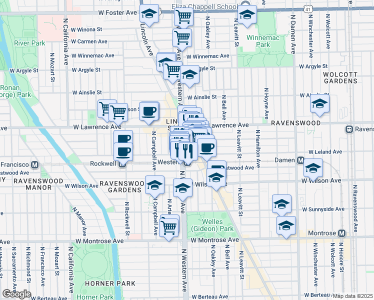 map of restaurants, bars, coffee shops, grocery stores, and more near 4740 North Lincoln Avenue in Chicago