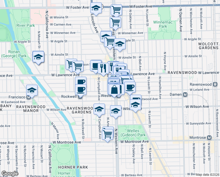 map of restaurants, bars, coffee shops, grocery stores, and more near 4705 North Artesian Avenue in Chicago