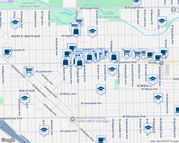 map of restaurants, bars, coffee shops, grocery stores, and more near 4716 North Springfield Avenue in Chicago
