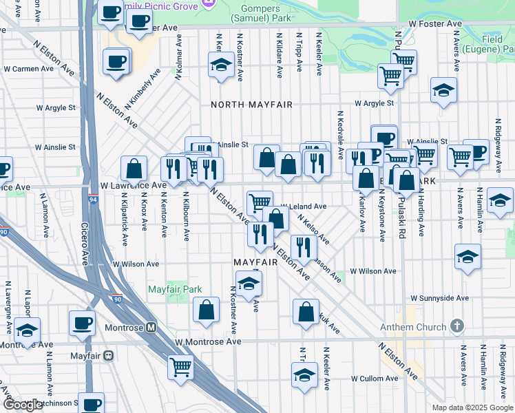 map of restaurants, bars, coffee shops, grocery stores, and more near 4727 North Lowell Avenue in Chicago