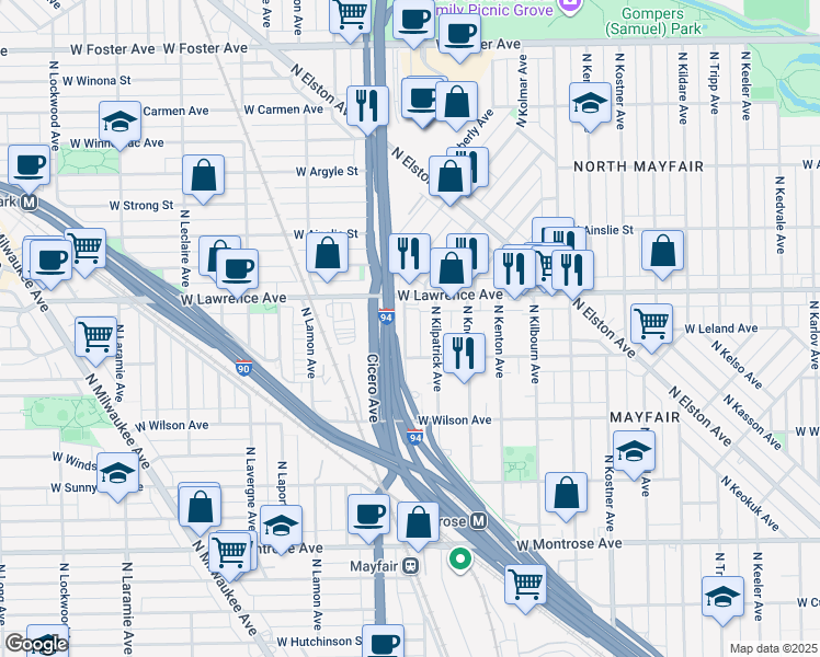 map of restaurants, bars, coffee shops, grocery stores, and more near 4729 North Keating Avenue in Chicago