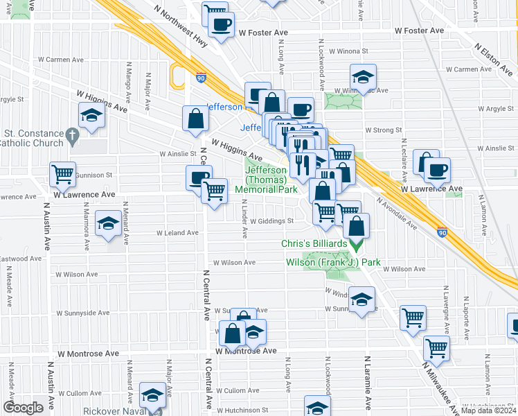 map of restaurants, bars, coffee shops, grocery stores, and more near 4749 North Lotus Avenue in Chicago