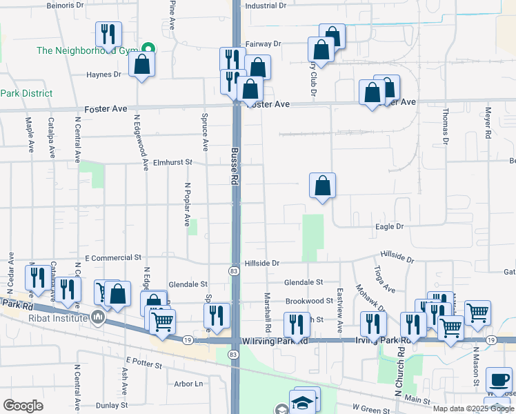 map of restaurants, bars, coffee shops, grocery stores, and more near 1116 Stoneham Street in Bensenville