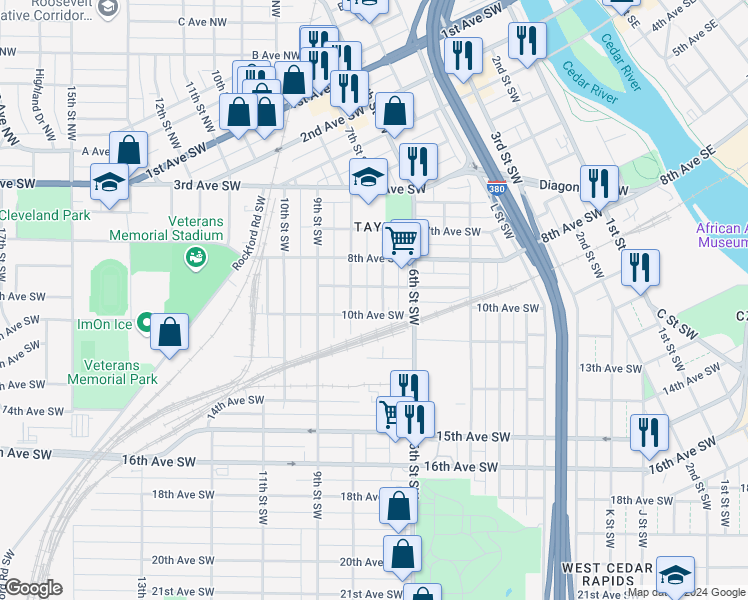 map of restaurants, bars, coffee shops, grocery stores, and more near 928 7th Street Southwest in Cedar Rapids