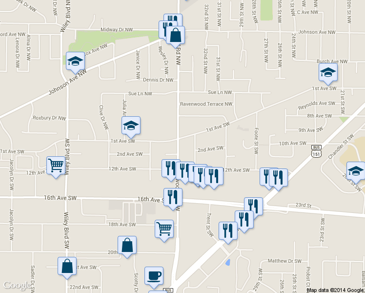 map of restaurants, bars, coffee shops, grocery stores, and more near 111 Edgewood Rd SW in Cedar Rapids