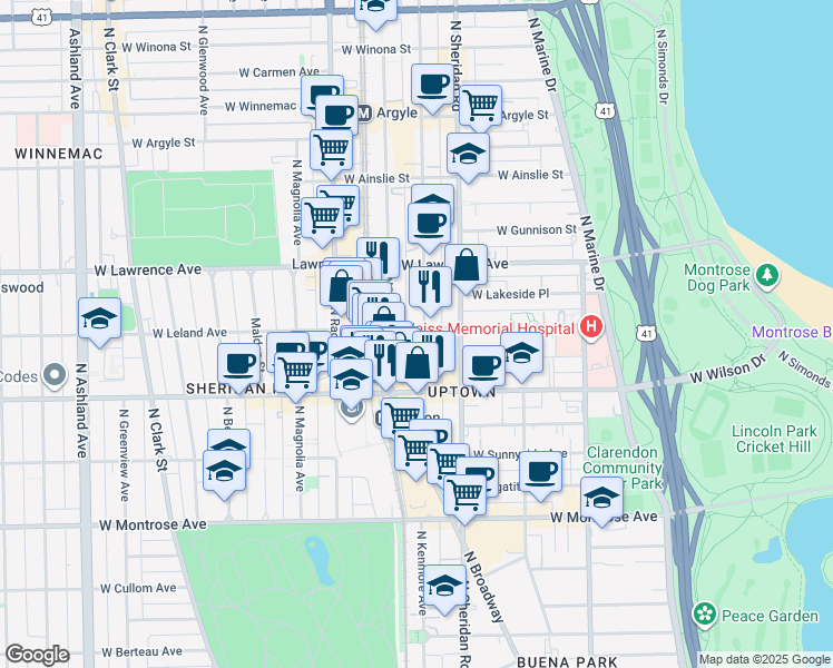 map of restaurants, bars, coffee shops, grocery stores, and more near 1047 West Leland Avenue in Chicago