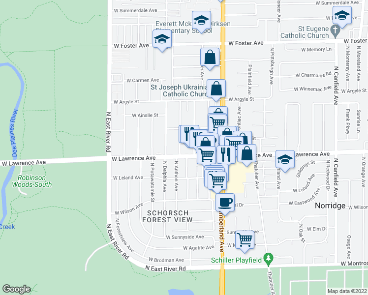 map of restaurants, bars, coffee shops, grocery stores, and more near 4815 North Greenwood Avenue in Norridge