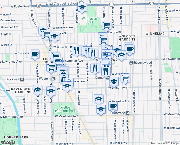 map of restaurants, bars, coffee shops, grocery stores, and more near 2128 West Leland Avenue in Chicago