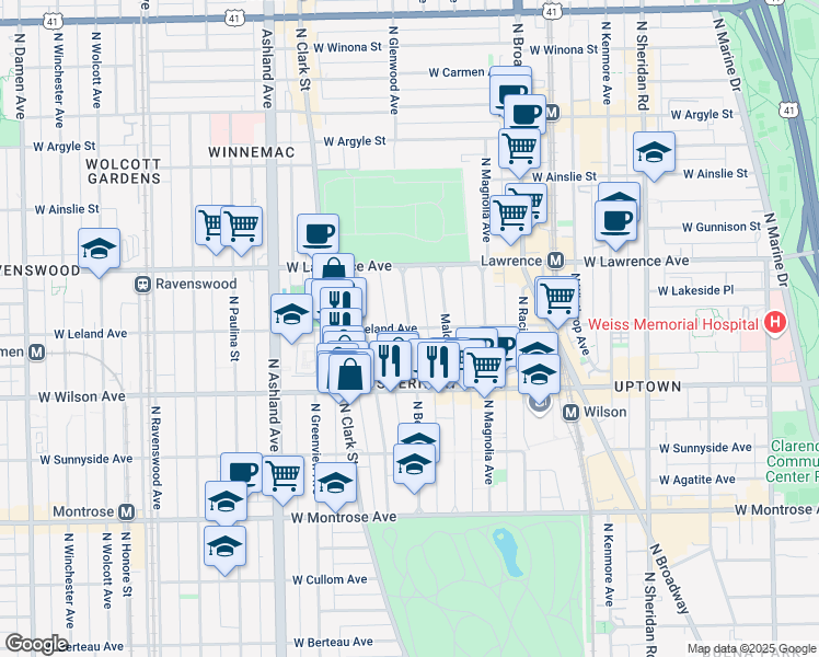 W Leland Ave N Beacon St Chicago Il Walk Score Map Of Restaurants Bars Coffee S Grocery Ore Near W