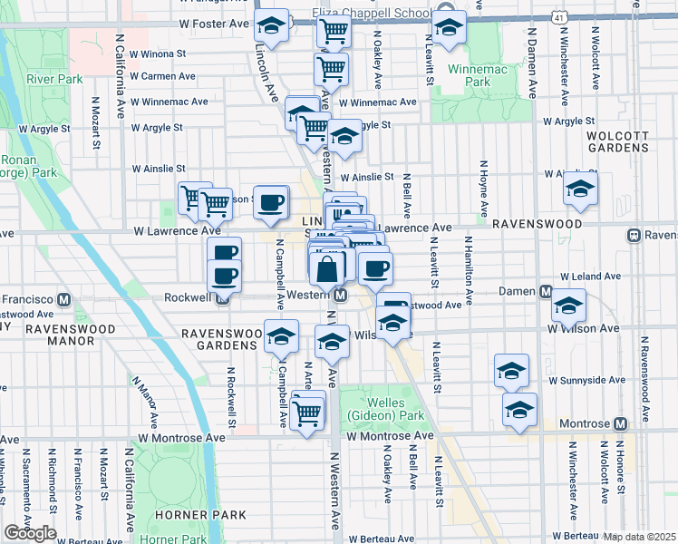 map of restaurants, bars, coffee shops, grocery stores, and more near 4713 North Western Avenue in Chicago
