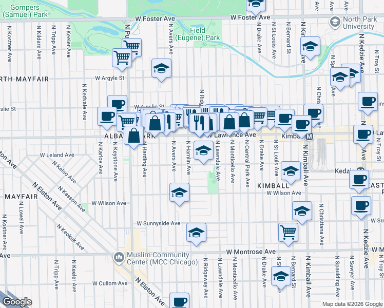 map of restaurants, bars, coffee shops, grocery stores, and more near 3757 West Giddings Street in Chicago