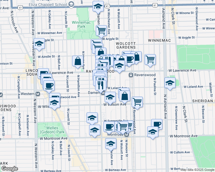 map of restaurants, bars, coffee shops, grocery stores, and more near in Chicago