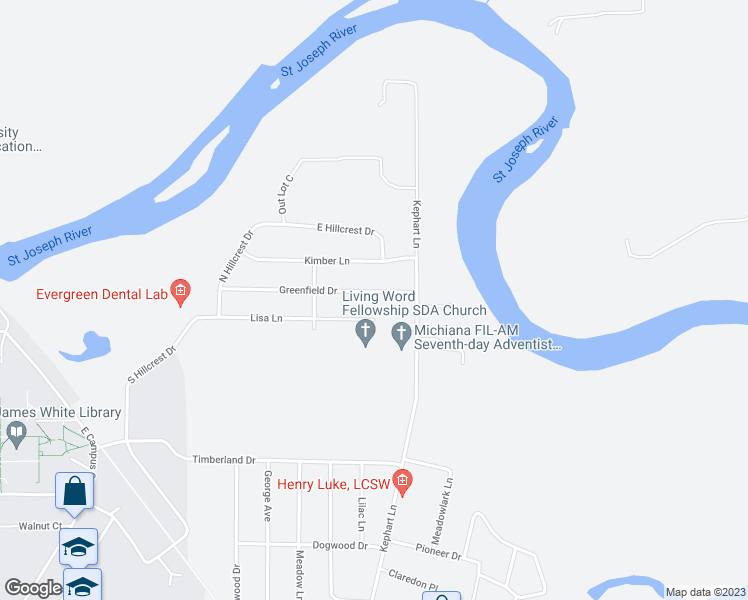 map of restaurants, bars, coffee shops, grocery stores, and more near 4822 Greenfield Drive in Berrien Springs