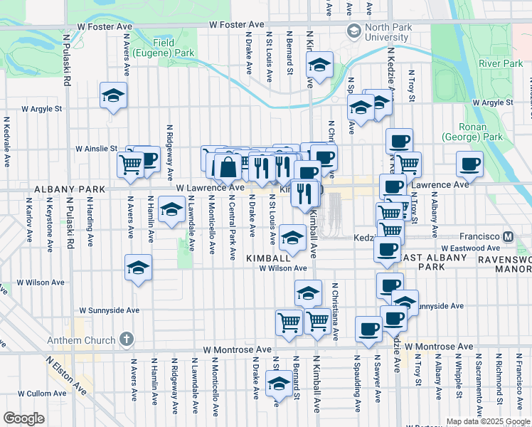 map of restaurants, bars, coffee shops, grocery stores, and more near 4718 Saint Louis Avenue in Chicago