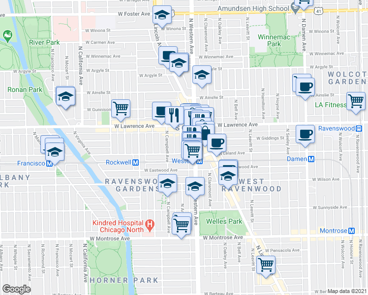 map of restaurants, bars, coffee shops, grocery stores, and more near 4711 North Artesian Avenue in Chicago