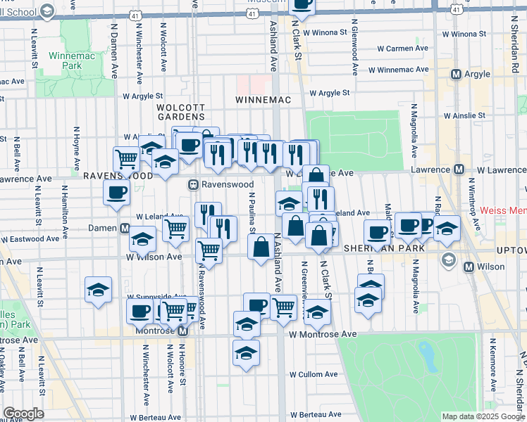map of restaurants, bars, coffee shops, grocery stores, and more near 1633 West Leland Avenue in Chicago