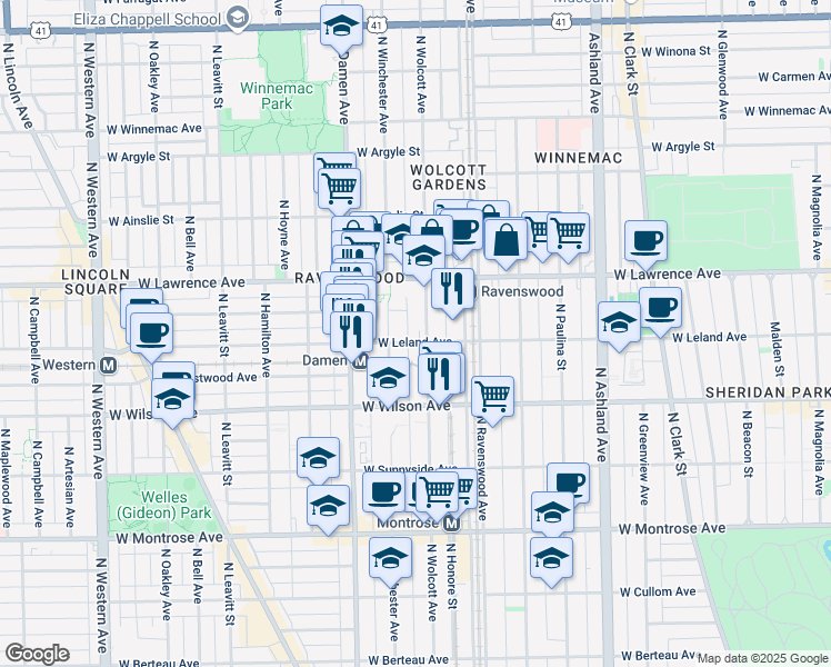 map of restaurants, bars, coffee shops, grocery stores, and more near 1900 West Leland Avenue in Chicago