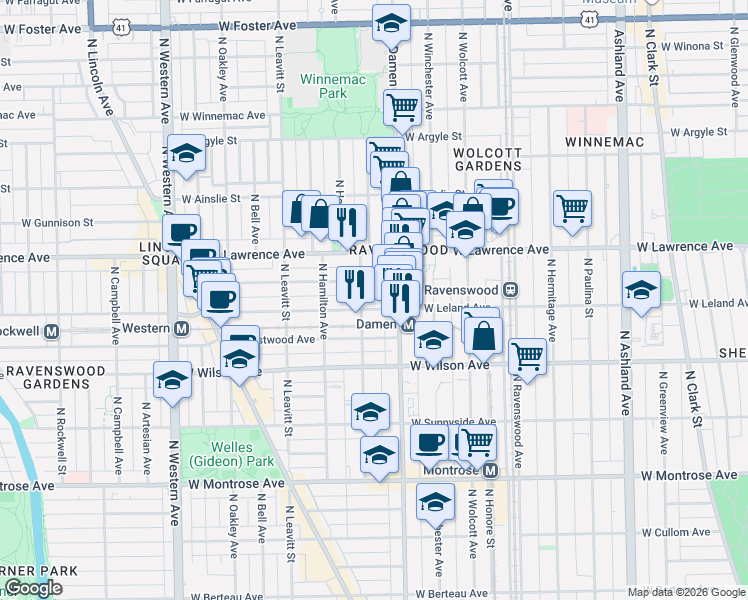 map of restaurants, bars, coffee shops, grocery stores, and more near 4704 North Damen Avenue in Chicago