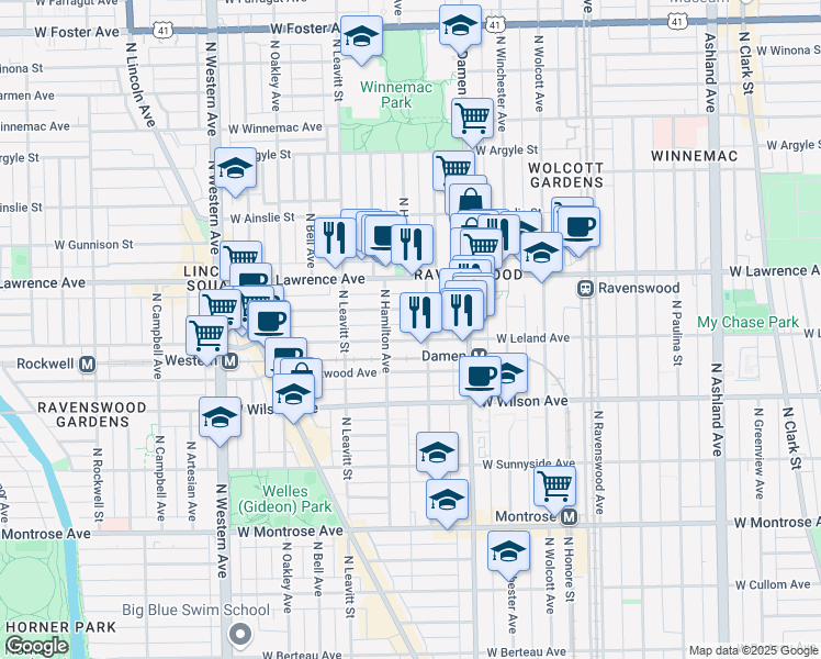 map of restaurants, bars, coffee shops, grocery stores, and more near 2104 West Leland Avenue in Chicago