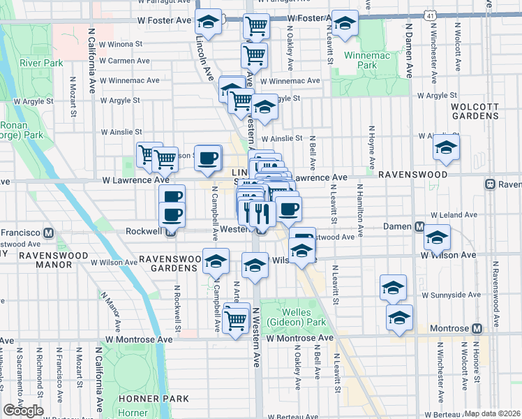 map of restaurants, bars, coffee shops, grocery stores, and more near 4740 North Lincoln Avenue in Chicago