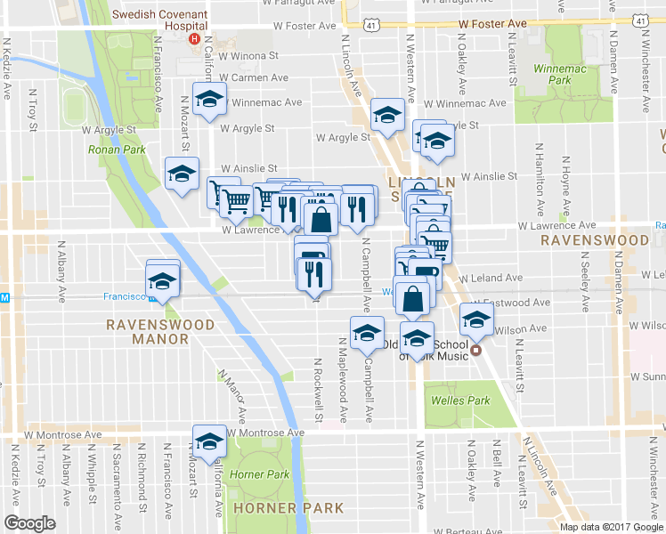 map of restaurants, bars, coffee shops, grocery stores, and more near 2542 West Leland Avenue in Chicago