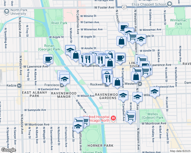 map of restaurants, bars, coffee shops, grocery stores, and more near 4709 North Washtenaw Avenue in Chicago