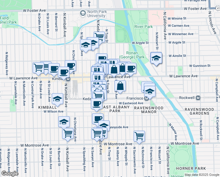 map of restaurants, bars, coffee shops, grocery stores, and more near 4710 North Albany Avenue in Chicago