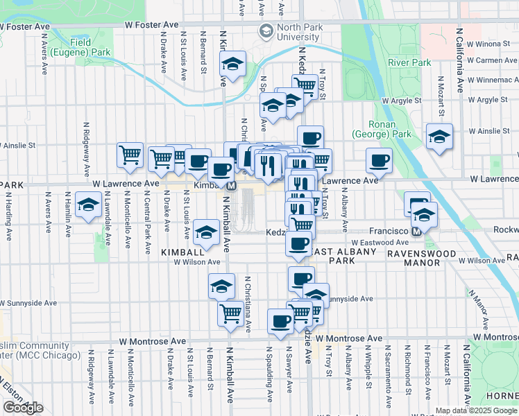 map of restaurants, bars, coffee shops, grocery stores, and more near 4710 North Spaulding Avenue in Chicago