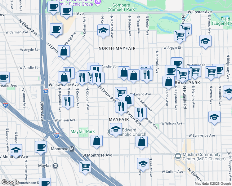 map of restaurants, bars, coffee shops, grocery stores, and more near 4721 North Elston Avenue in Chicago