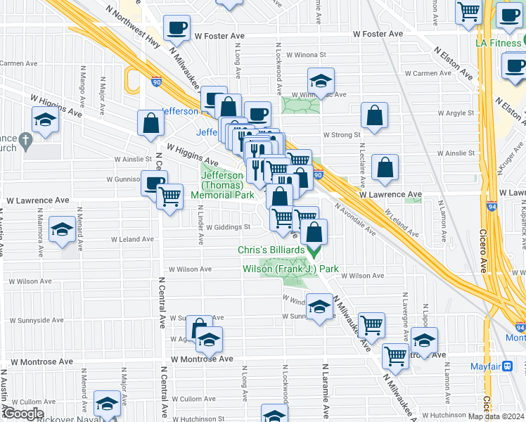 map of restaurants, bars, coffee shops, grocery stores, and more near 4762 North Milwaukee Avenue in Chicago