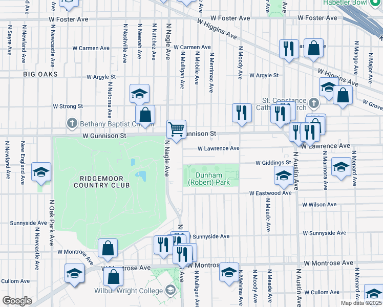 map of restaurants, bars, coffee shops, grocery stores, and more near 6336 West Giddings Street in Chicago