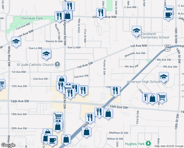 map of restaurants, bars, coffee shops, grocery stores, and more near 135 31st Street Southwest in Cedar Rapids