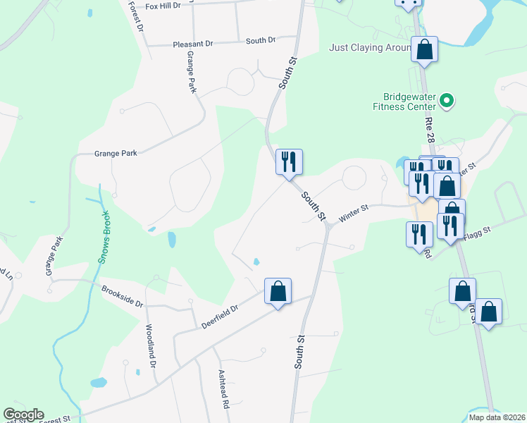map of restaurants, bars, coffee shops, grocery stores, and more near 46 Stephanie Lane in Bridgewater