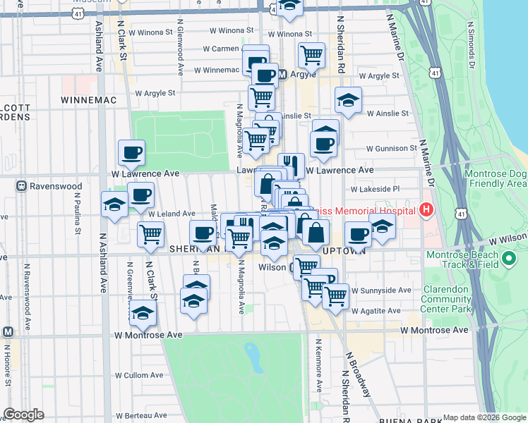 map of restaurants, bars, coffee shops, grocery stores, and more near 1207 West Leland Avenue in Chicago