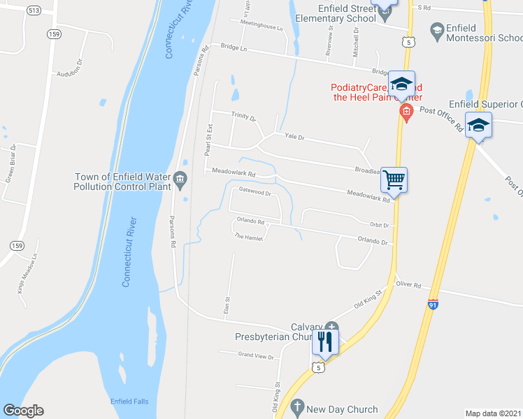 map of restaurants, bars, coffee shops, grocery stores, and more near 202 Gatewood Drive in Enfield