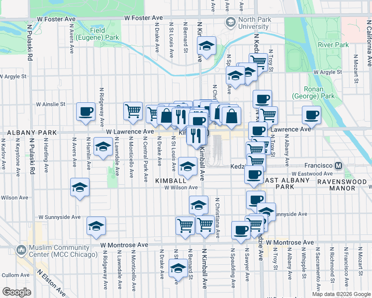 map of restaurants, bars, coffee shops, grocery stores, and more near 4718 North Bernard Street in Chicago