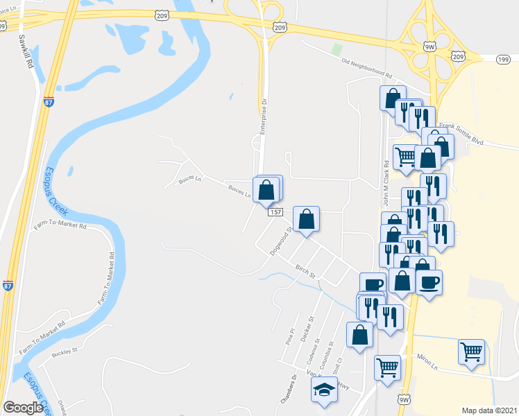 map of restaurants, bars, coffee shops, grocery stores, and more near 223 Boices Lane in Kingston