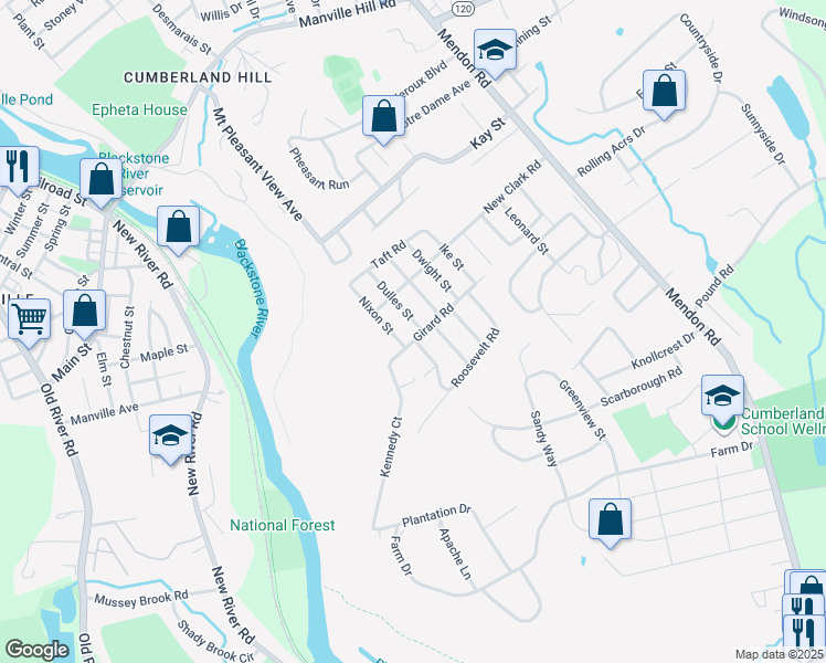 map of restaurants, bars, coffee shops, grocery stores, and more near 4 Dulles Street in Cumberland