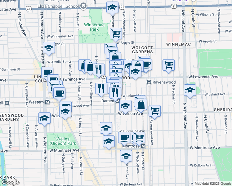map of restaurants, bars, coffee shops, grocery stores, and more near 4707 North Damen Avenue in Chicago