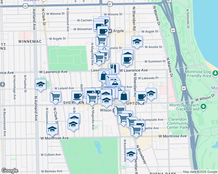 map of restaurants, bars, coffee shops, grocery stores, and more near N Broadway St & W Leland Ave in Chicago