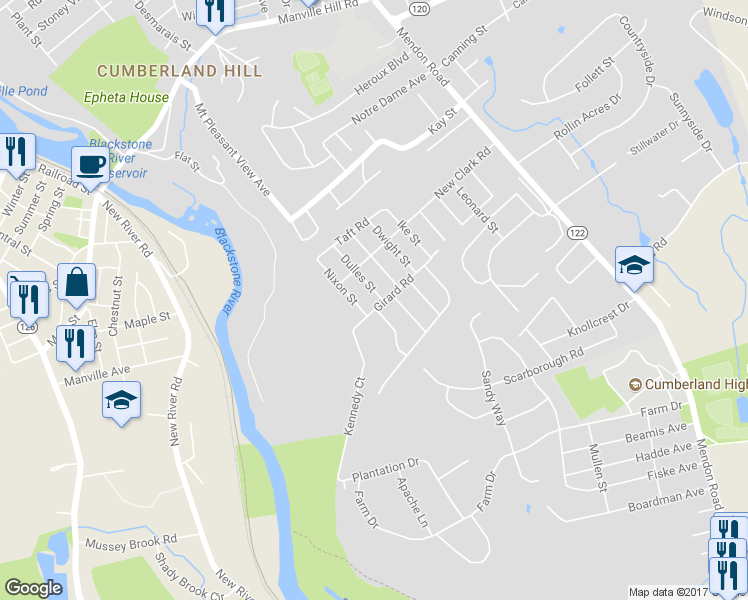 map of restaurants, bars, coffee shops, grocery stores, and more near 4 Dulles Street in Cumberland
