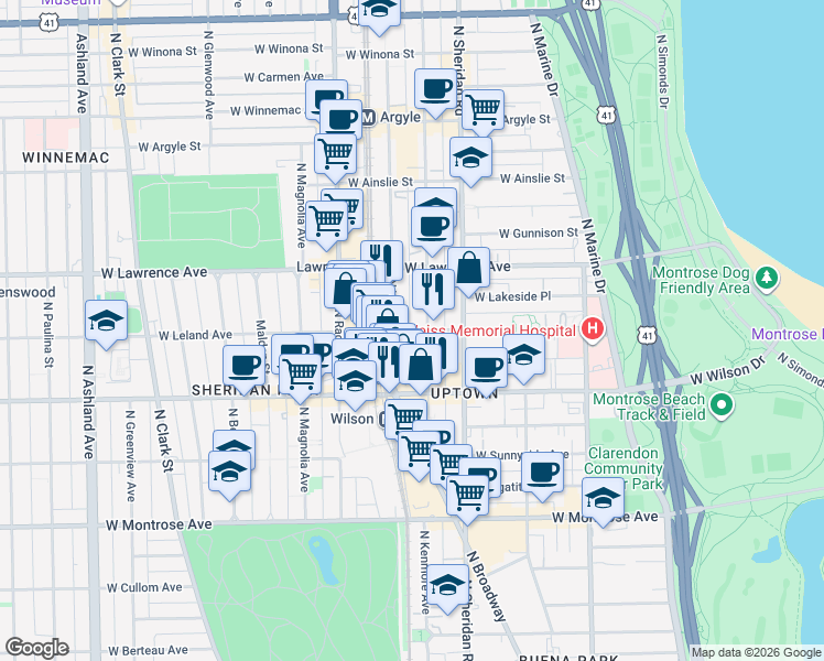 map of restaurants, bars, coffee shops, grocery stores, and more near 1061 West Leland Avenue in Chicago